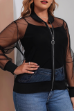 Casual Solid Color Mesh Zipper Zipper Collar Plus Size Overcoat