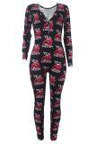 Casual Print Buttons V Neck Skinny Jumpsuits