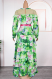 Elegant Print With Belt Hot Drill Contrast O Neck Long Plus Size Dresses