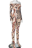 Sexy Print Patchwork Off Shoulder Skinny Jumpsuits