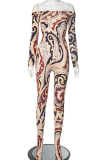 Sexy Print Patchwork Off Shoulder Skinny Jumpsuits