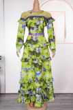 Elegant Print With Belt Hot Drill Contrast O Neck Long Plus Size Dresses