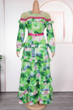 Elegant Print With Belt Hot Drill Contrast O Neck Long Plus Size Dresses