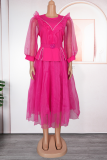 Elegant Solid Color With Belt Mesh O Neck A Line Plus Size Dresses