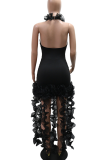 Sexy Solid Color Fringed Trim Ruffle V Neck Wrapped Skirt Dresses