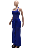Sexy Solid Color Backless Slit Halter Long Dresses