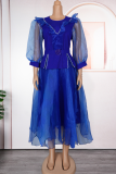 Elegant Solid Color With Belt Mesh O Neck A Line Plus Size Dresses
