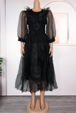 Elegant Solid Color With Belt Mesh O Neck A Line Plus Size Dresses