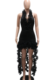 Sexy Solid Color Fringed Trim Ruffle V Neck Wrapped Skirt Dresses