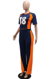 Casual Digital Contrast O Neck Half Sleeve Two Pieces