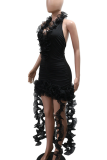 Sexy Solid Color Fringed Trim Ruffle V Neck Wrapped Skirt Dresses