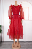 Elegant Solid Color With Belt Mesh O Neck A Line Plus Size Dresses