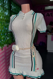 Sexy Stripe Buttons Contrast Turndown Collar Wrapped Skirt Dresses