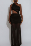 Sexy Solid Color See-Through Mesh Oblique Collar Long Dresses