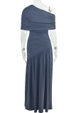 Elegant Solid Color High Slit Oblique Collar Long Dresses