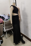 Sexy Solid Color See-Through Mesh Oblique Collar Long Dresses