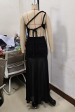 Sexy Solid Color See-Through Mesh Oblique Collar Long Dresses