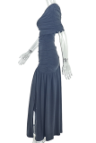 Elegant Solid Color High Slit Oblique Collar Long Dresses