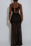 Sexy Solid Color See-Through Mesh Oblique Collar Long Dresses