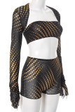 Sexy Print Patchwork Strapless Long Sleeve Three Pieces
