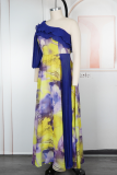 Elegant Print Flounce Oblique Collar Long Plus Size Dresses