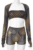 Sexy Print Patchwork Strapless Long Sleeve Three Pieces