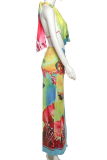 Sexy Print High Slit Halter Sleeveless Two Pieces