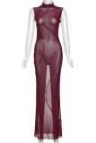 Sexy Solid Color See-Through O Neck Long Dresses