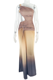 Elegant Gradient Ruched Oblique Collar One Step Skirt Dresses