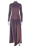 Elegant Solid Color Slit Turtleneck Long Dresses