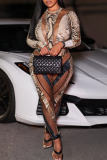 Sexy Snakeskin Print Patchwork O Neck Long Sleeve Two Pieces