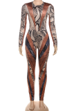 Sexy Snakeskin Print Patchwork O Neck Long Sleeve Two Pieces