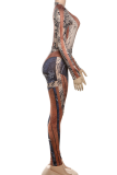 Sexy Snakeskin Print Patchwork O Neck Long Sleeve Two Pieces