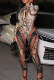 Sexy Snakeskin Print Patchwork O Neck Long Sleeve Two Pieces