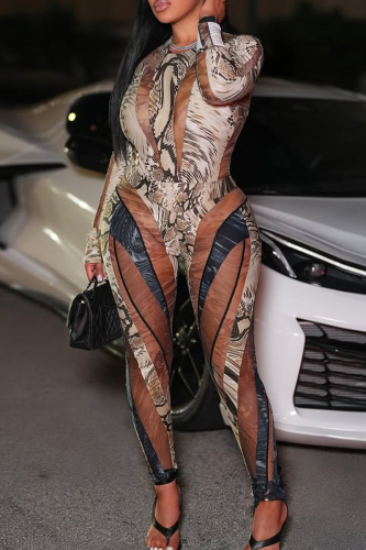 Sexy Snakeskin Print Patchwork O Neck Long Sleeve Two Pieces