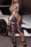 Sexy Snakeskin Print Patchwork O Neck Long Sleeve Two Pieces