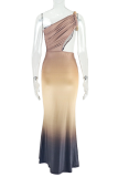 Elegant Gradient Ruched Oblique Collar One Step Skirt Dresses