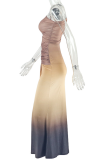 Elegant Gradient Ruched Oblique Collar One Step Skirt Dresses