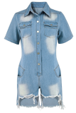 Casual Solid Color Fringed Trim Buckle Turndown Collar Short Sleeve Regular Denim Jumpsuits
