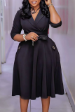 Elegant Solid Color Pocket With Belt Turndown Collar Long Dresses