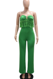 Sexy Solid Color Fringed Trim Strapless Regular Jumpsuits