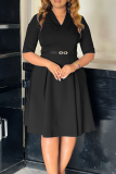 Elegant Solid Color With Belt Turndown Collar Long Dresses