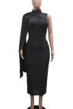 Elegant Solid Color Fluffy Turtleneck Long Dresses