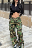 Casual Camouflage Print Pocket Loose Mid Waist Conventional Full Print Bottoms