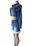 Sexy Solid Color Buckle Turndown Collar Long Sleeve Two Pieces