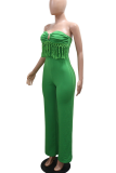 Sexy Solid Color Fringed Trim Strapless Regular Jumpsuits