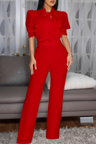 Casual Solid Color Lace Strap Design Turndown Collar Regular Jumpsuits