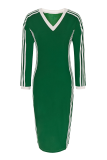 Casual Stripe Contrast V Neck Long Dresses