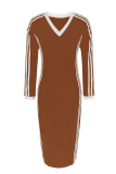 Casual Stripe Contrast V Neck Long Dresses