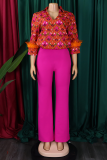 Casual Print Buckle Feathers Shirt Collar Long Sleeve Two Pieces